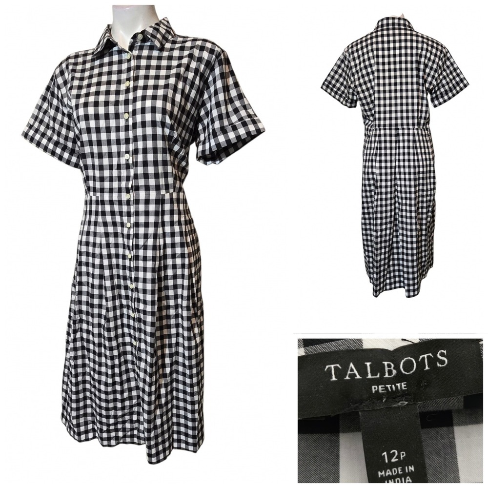 Talbots Petite Shirt Dress 12P Black/White Gingham Cotton Short Slv Button Up